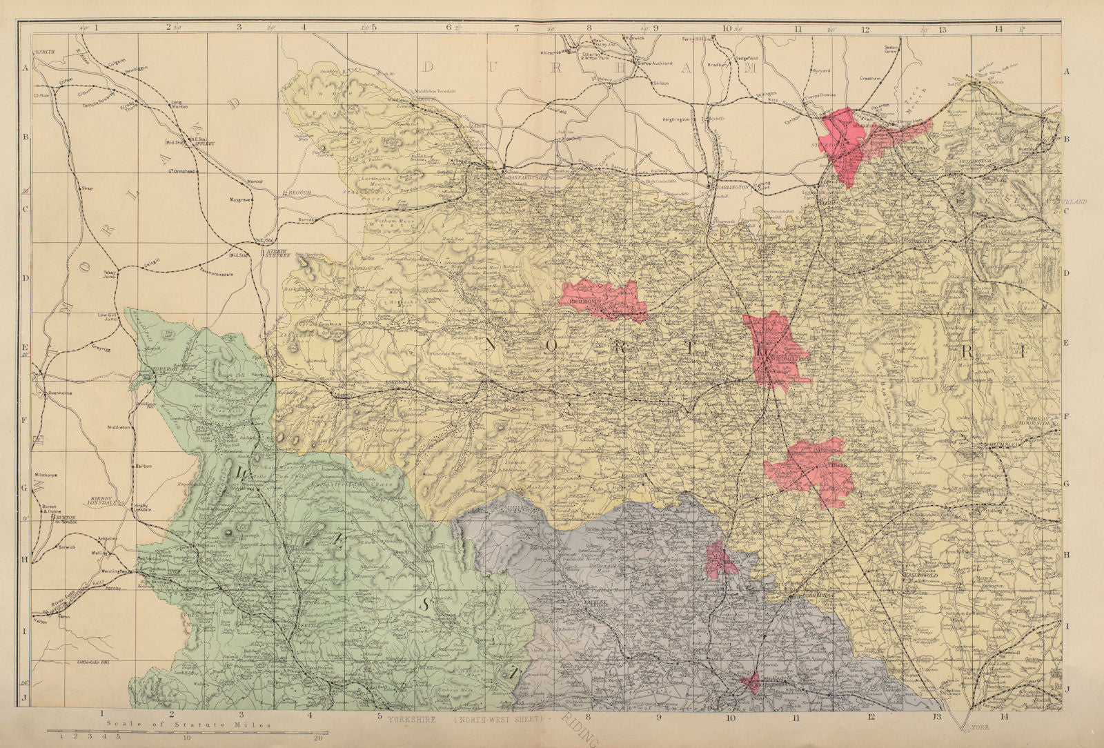 YORKSHIRE (North West) Middlesborough Northallerton county map GW BACON 1883